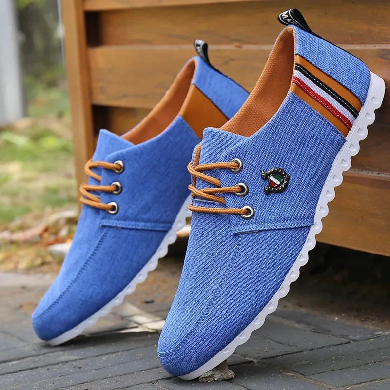 Sapato Casual Masculino Moderno Mocassim Azul, Cinza DN3 com Listras